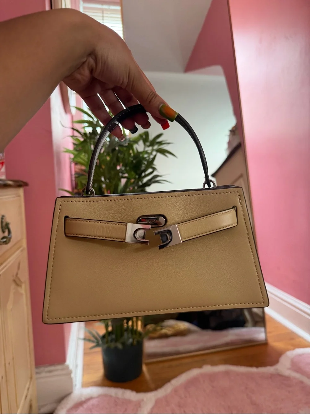 Tory Burch Beige Mini Top-Handle Bag with Dark Trim